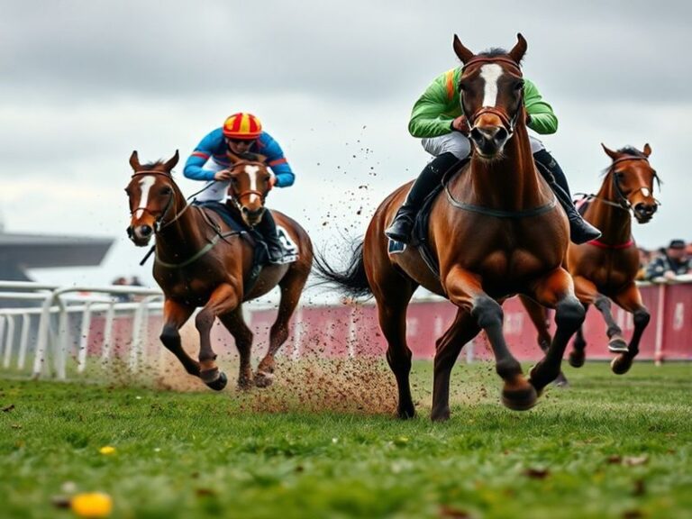 A vibrant shot of Fairyhouse Racecourse on Irish Grand National day, featuring a packed grandstand, colorful silks of jockeys