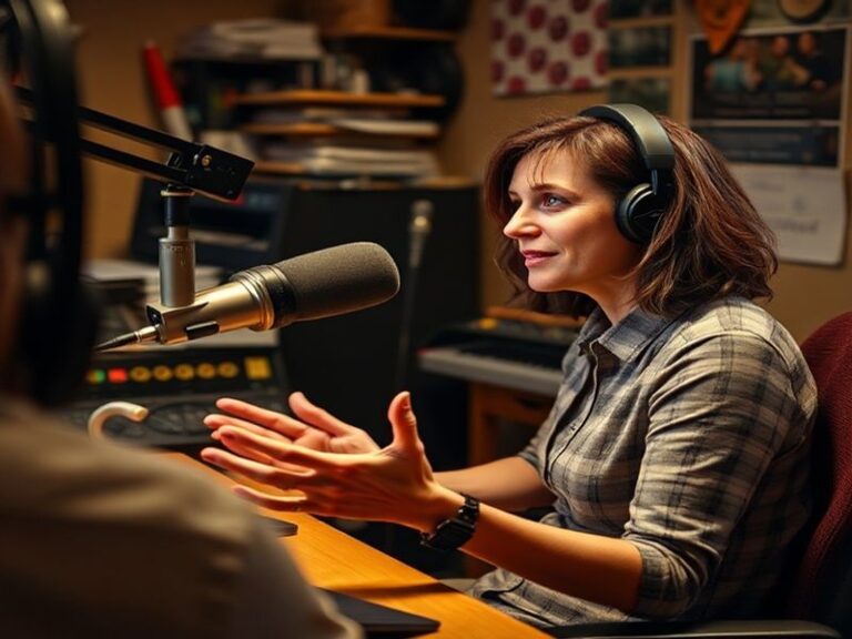 A professional portrait of Jayne Middlemiss in a broadcasting studio, wearing a headset and holding a microphone, with a live