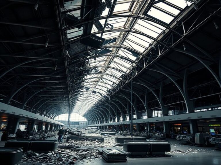 A dramatic photo of a collapsed airport terminal roof with debris scattered across the concourse, emergency workers in hard h