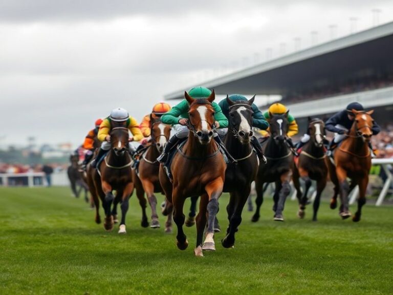 A dramatic shot of horses clearing a fence at Fairyhouse Racecourse during the Irish Grand National, with jockeys in colorful