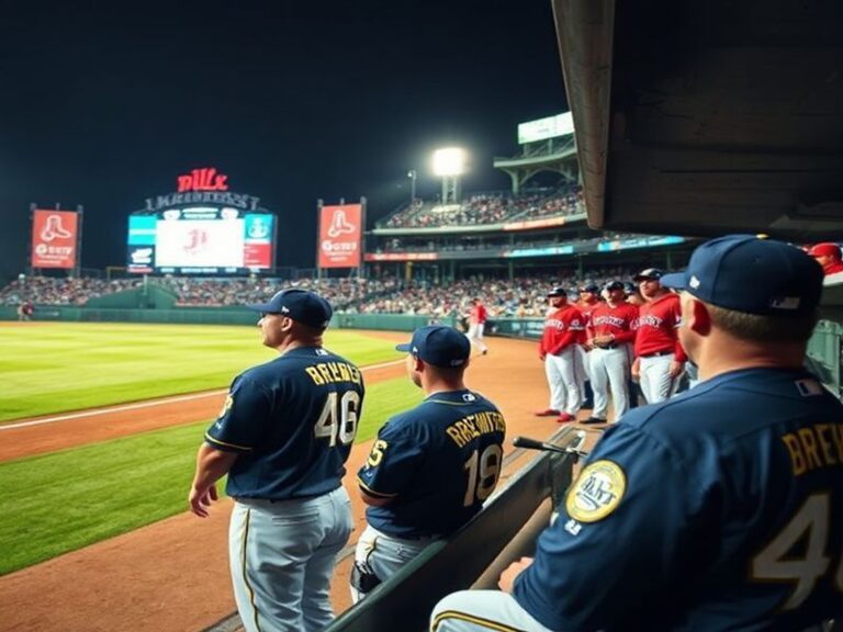 A split-screen image showing a Brewers player mid-pitch and a Red Sox batter at the plate during a game, with Miller Park in