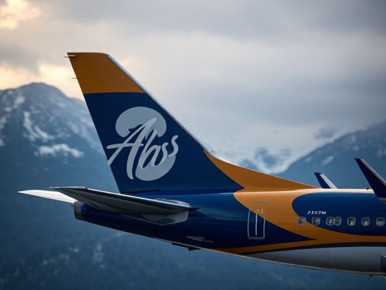 A modern Alaska Airlines Boeing 737 MAX aircraft taking off from a sunny airport, with a backdrop of snow-capped mountains an