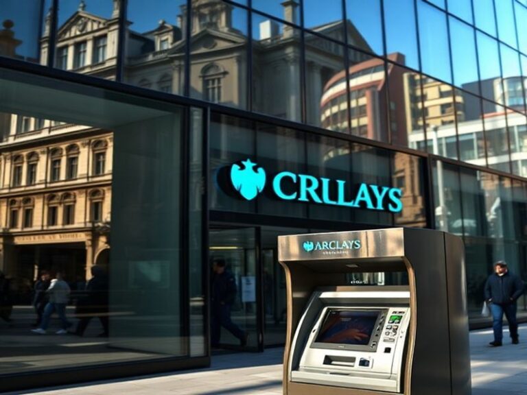 A split-image design: left side shows a historic 19th-century British bank with ornate architecture and horse-drawn carriages