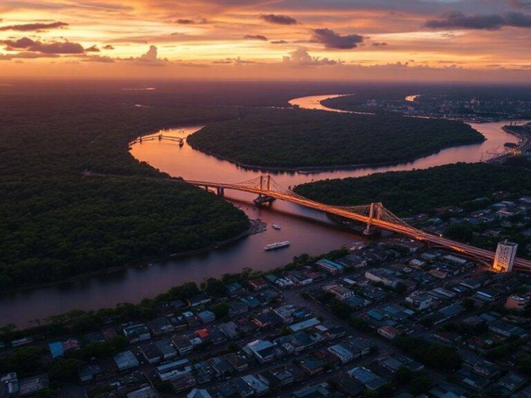A vibrant street scene in Manaus at dusk: colorful colonial architecture alongside modern buildings, with the Negro River in