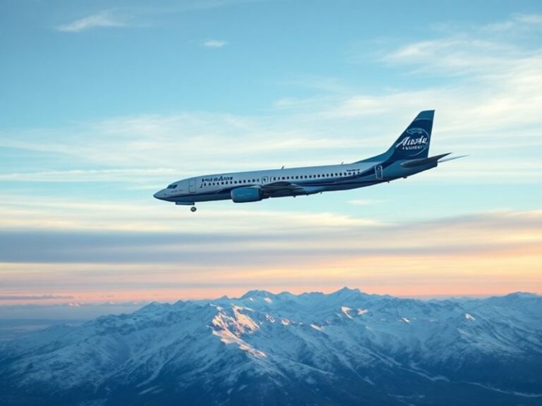 A modern Alaska Airlines Boeing 737 MAX aircraft taking off against a backdrop of snow-capped mountains, capturing the airlin