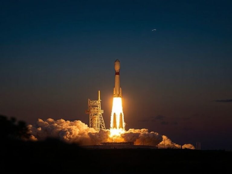 A Falcon 9 rocket lifting off from Cape Canaveral at dawn, with a clear sky and a drone ship visible in the ocean for the fir