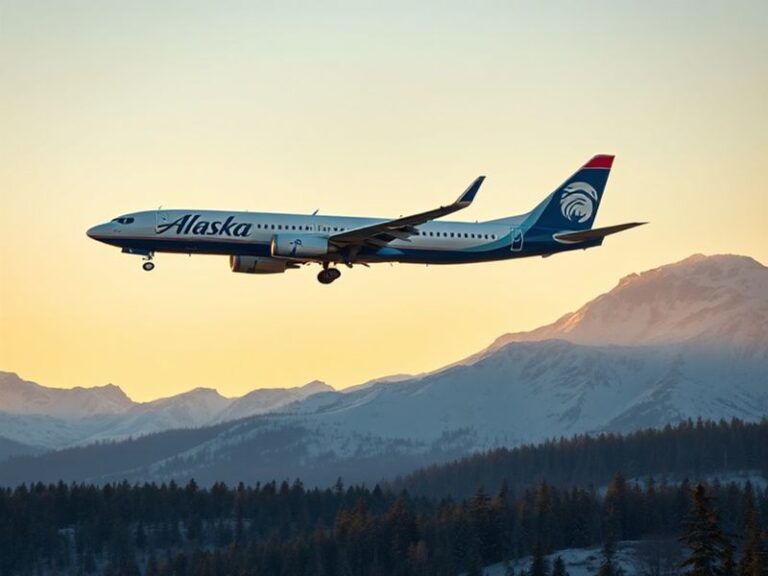 A modern Alaska Airlines aircraft on the tarmac at Seattle-Tacoma International Airport, with the iconic Mount Rainier visibl