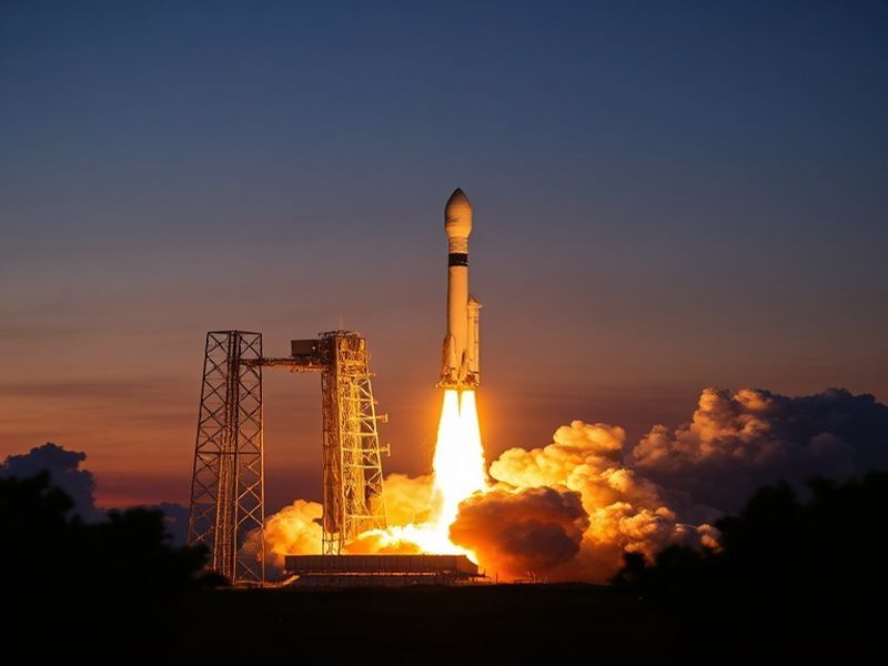 A Falcon 9 rocket lifting off from Kennedy Space Center at dawn, with the exhaust plume glowing against the orange-pink sky.