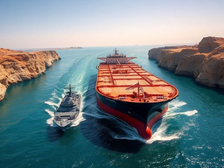 Aerial view of the Strait of Hormuz at dusk, showing oil tankers, naval ships, and the arid coastline of Iran and Oman, with