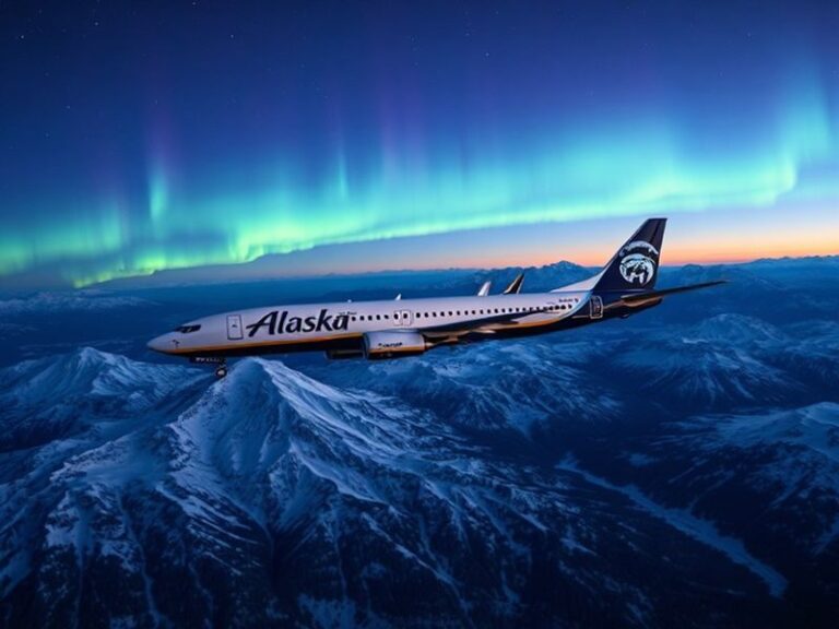A modern Alaska Airlines Boeing 737 MAX aircraft taking off from a snowy Alaskan airport, with snow-capped mountains in the b