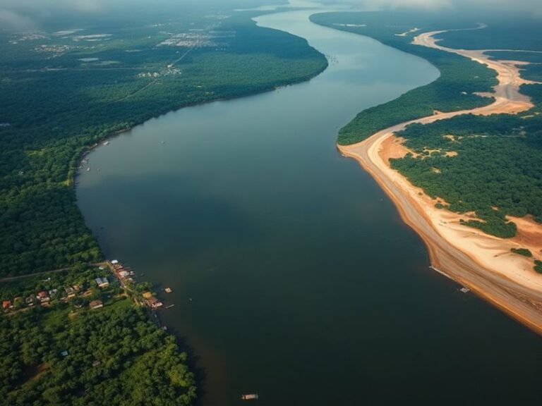 A vibrant scene of Manaus at dusk, showing the illuminated Teatro Amazonas against the dark waters of the Rio Negro, with a w