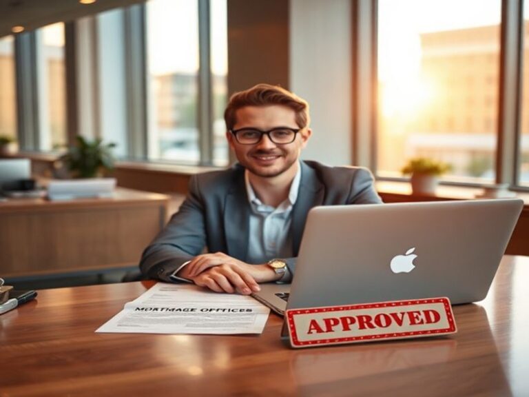 A professional mortgage officer in a modern office, assisting a couple with loan documents. The setting includes a desk with
