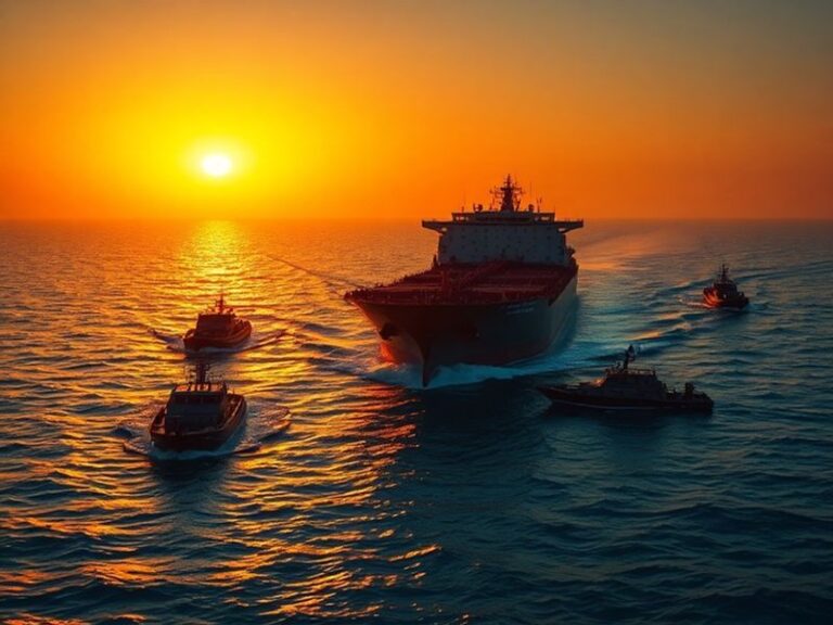 Aerial view of the Strait of Hormuz showing oil tankers and naval ships, with the arid coastline of Oman and Iran in the back