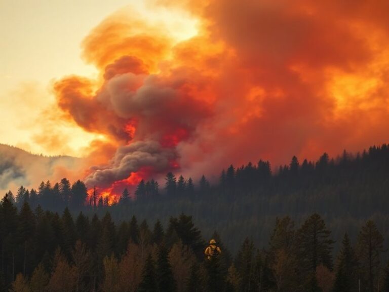 Aerial view of a massive wildfire burning through dense forest in Ontario, with thick smoke billowing into the sky and firefi