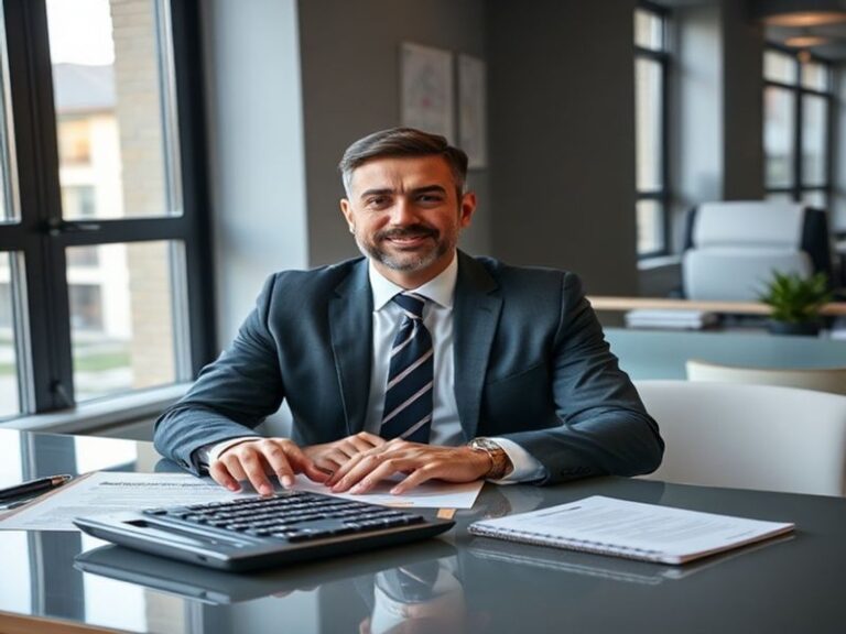 A professional mortgage officer in a modern office setting, reviewing documents with a couple of clients. The scene shows a d