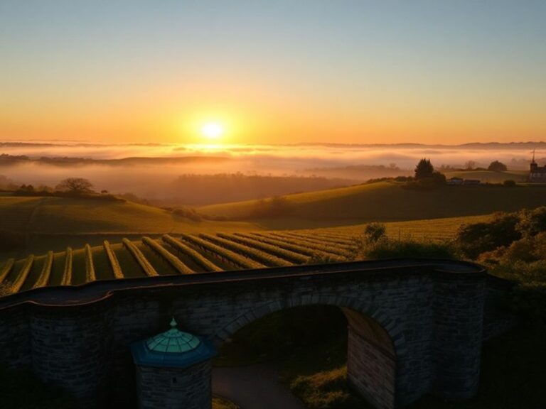 Aerial view of the Surrey Hills at golden hour, showing rolling green hills, dense forests, and a winding river below. In the