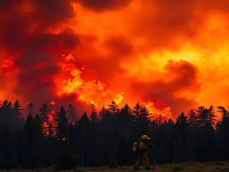 Aerial view of a wildfire burning through dense boreal forest in Ontario, with thick smoke billowing into the sky. In the for