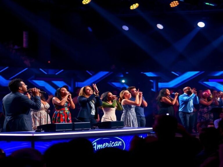 A vibrant collage featuring American Idol alumni like Kelly Clarkson, Carrie Underwood, and Jennifer Hudson performing on sta