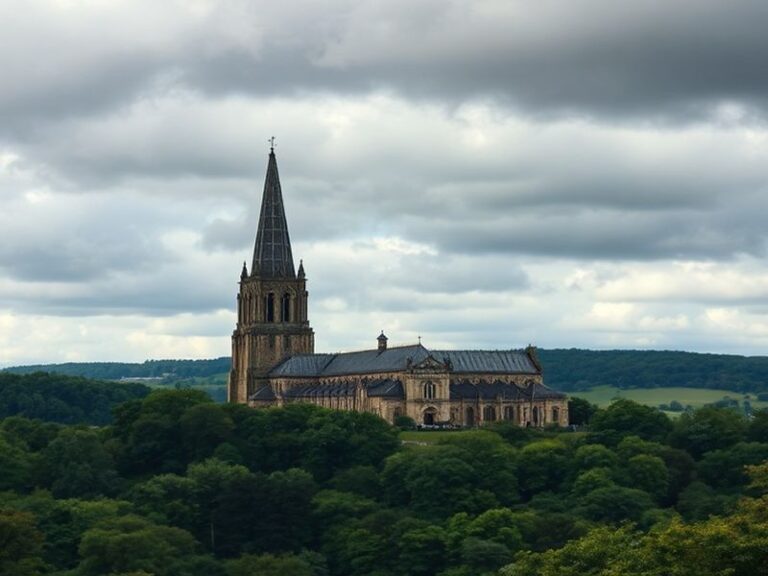 A panoramic view of the Surrey Hills at golden hour, with rolling green hills, historic villages, and a modern tech campus on