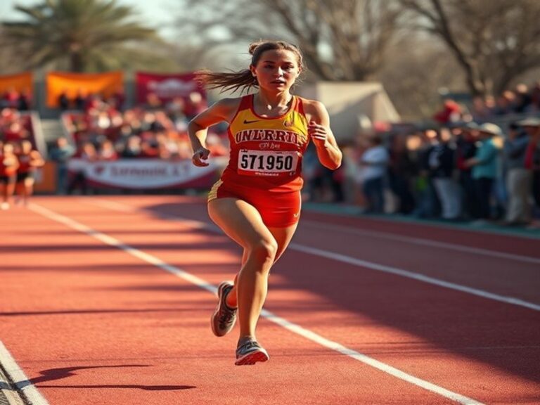 A dynamic action shot of Carri Richardson mid-sprint on a blue track, wearing a Team USA uniform with a focused expression. T