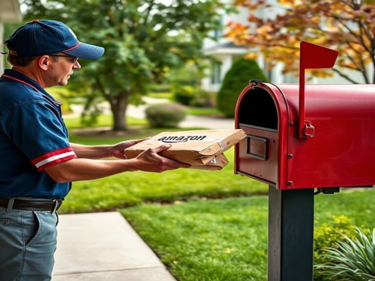A split-image visual: on one side, an Amazon delivery van parked outside a suburban home; on the other, a USPS mail truck wit