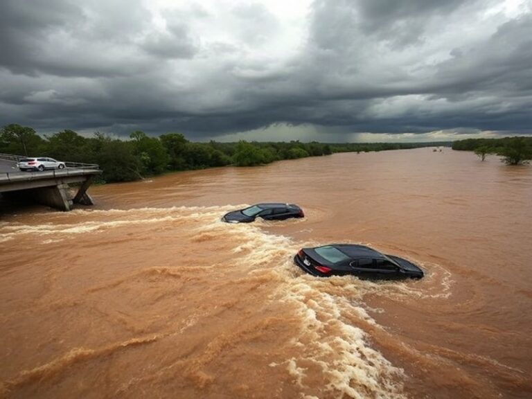 Aerial view of a suburban neighborhood partially submerged under floodwaters, with emergency vehicles and residents on higher