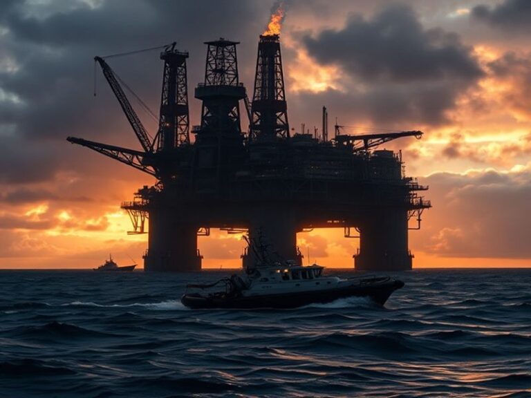 A wide-angle view of a North Sea oil rig at sunset, showing workers on the platform, flare stacks emitting vapor, and supply
