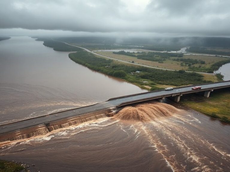 Aerial view of a flooded neighborhood with houses partially submerged, emergency vehicles navigating waterlogged streets, and