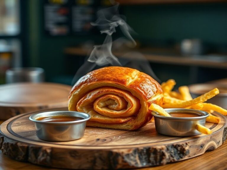 A close-up of a freshly baked Greggs chicken roll, golden pastry with visible chicken filling, placed on a checkered paper wi