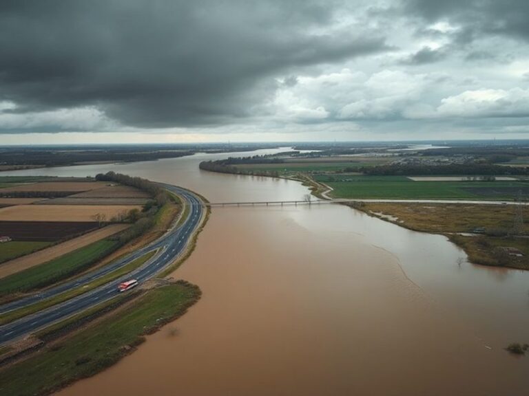 A wide-angle shot of a flooded urban street at dusk, with emergency response teams in boats and residents on higher ground. T