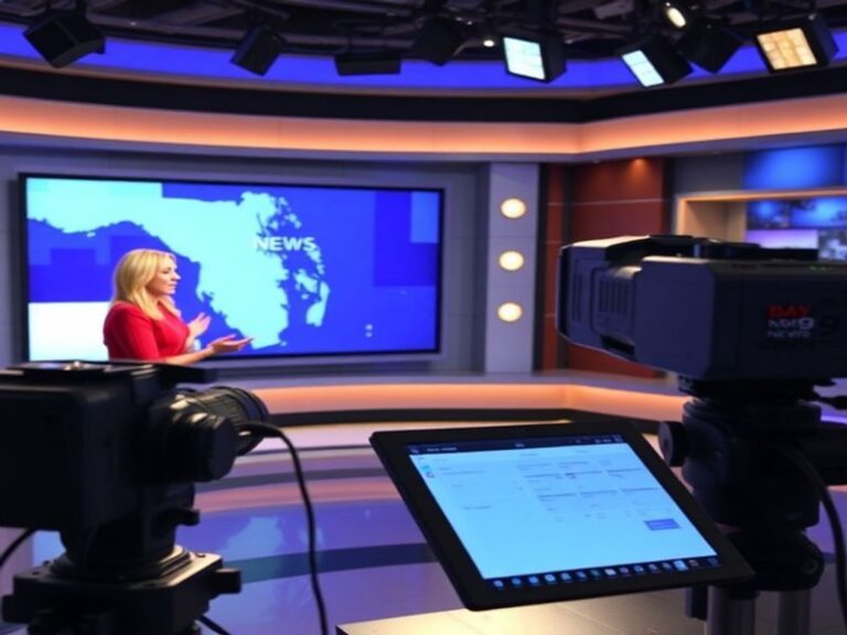 A modern news studio with Bay News 9 branding, featuring a news anchor on screen and a team of journalists working in the bac