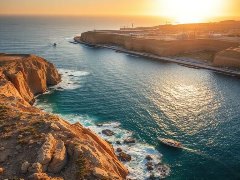 Aerial view of Kharg Island showing its oil terminal infrastructure, deep-water jetties, storage tanks, and surrounding arid