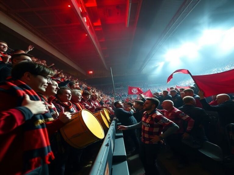 A packed stadium with two teams in mid-action during an SPFL split fixture match, featuring vibrant team colors and a clear s
