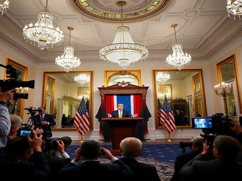 A split-image visual: on the left, a mock-up of the proposed Trump White House ballroom with modern marble finishes and gold
