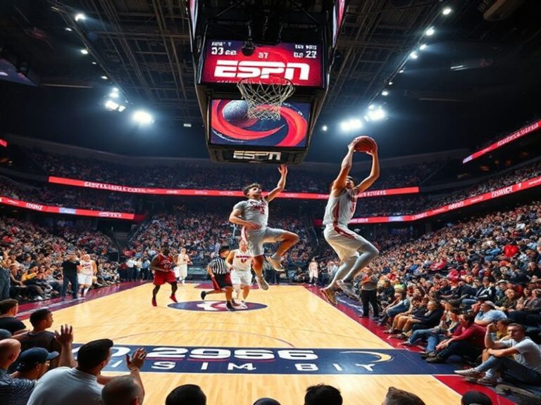 A vibrant basketball arena packed with fans, featuring a scoreboard displaying ESPN graphics for the 2026-27 season. The cour