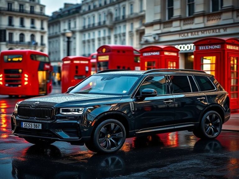 A Jaecoo 7 in metallic silver parked on a UK suburban street at dusk, with a digital overlay showing sales statistics and dea
