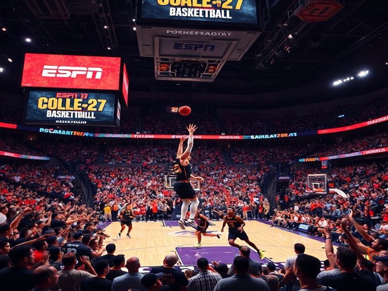 A split-screen image featuring ESPN’s 2026-27 college basketball preseason rankings graphic on one side and a dynamic action
