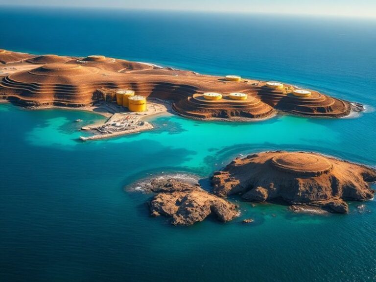 Aerial view of Kharg Island showing oil storage tanks, loading jetties, and tankers at sea under a clear sky, highlighting it
