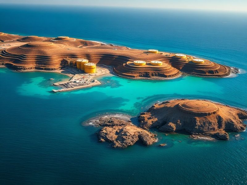 Aerial view of Kharg Island showing oil storage tanks, loading jetties, and tankers at sea under a clear sky, highlighting it