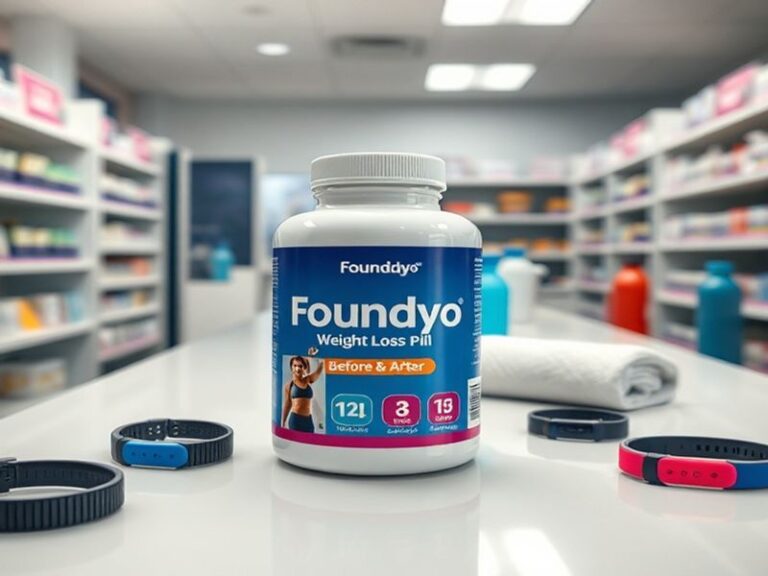 A sleek, modern illustration of a weight loss pill bottle labeled 'Foundayo' surrounded by global landmarks (Tokyo skyline, B