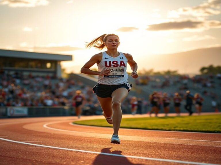 Carri Richardson in mid-match action on a hard court, wearing a navy blue and white tennis outfit, focused expression, with a
