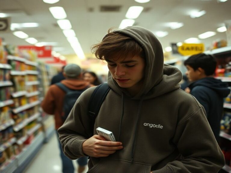 A mid-shot of a retail store aisle with empty shelves and a security camera visible. The lighting is fluorescent, creating a