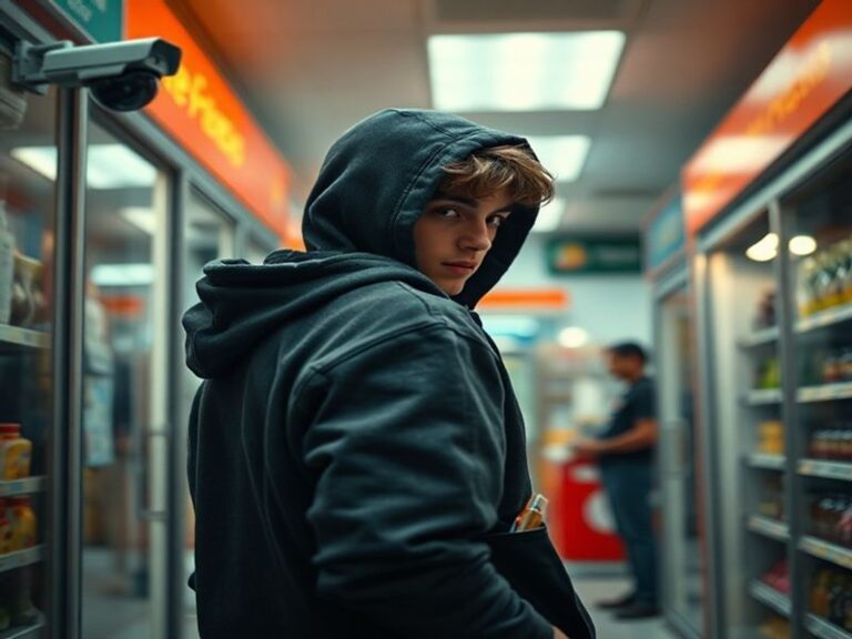 A split-image scene: on one side, a crowded urban shopping street with security cameras visible; on the other, a dimly lit al