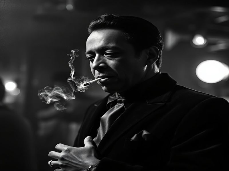 A high-fashion portrait of Regen-Jean Page in a sleek, tailored suit with African-inspired patterns, standing in a studio wit