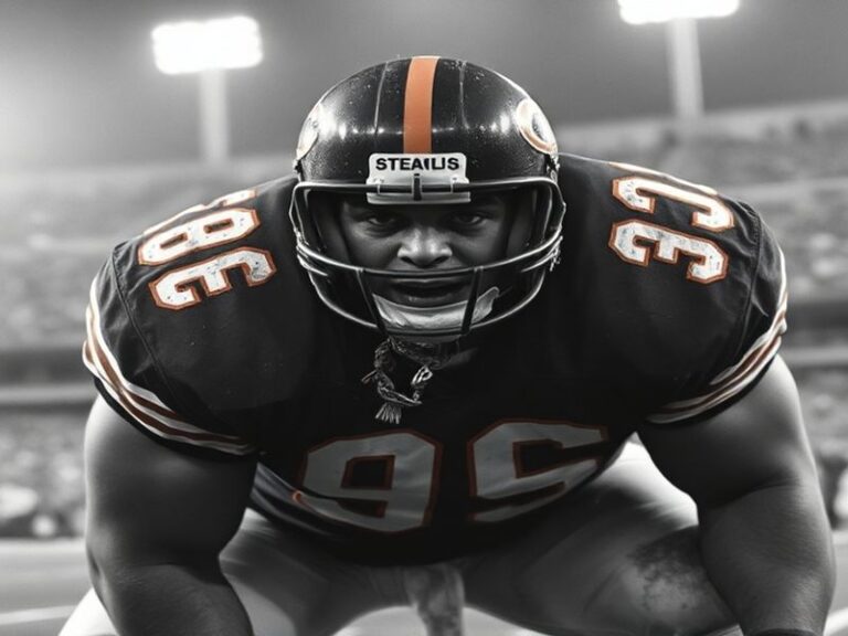 A dynamic split-image of Steve McMichael in a Chicago Bears uniform on the left and in a wrestling singlet on the right, with