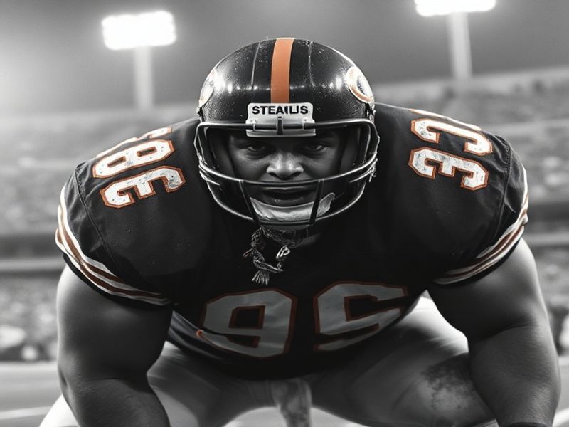 A dynamic split-image of Steve McMichael in a Chicago Bears uniform on the left and in a wrestling singlet on the right, with