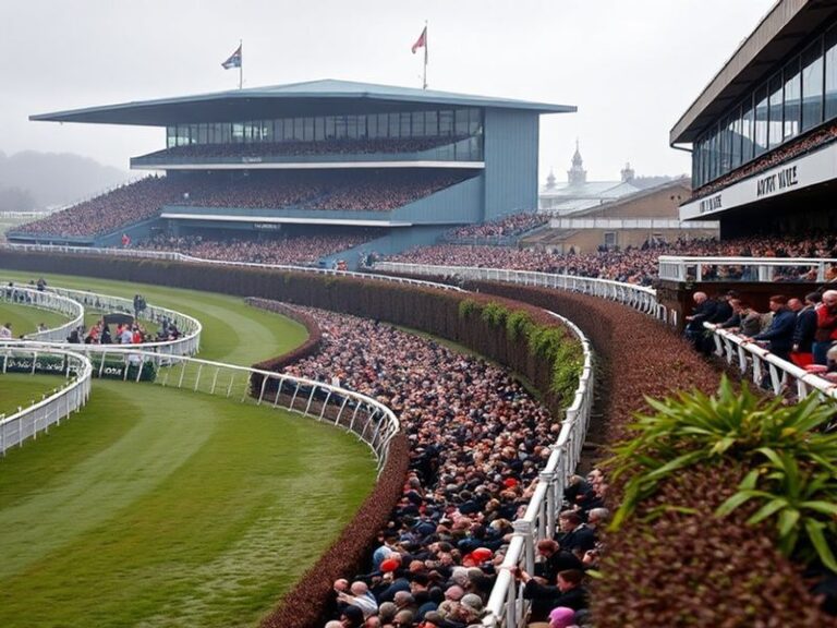 A vibrant shot of the Grand National at Aintree Racecourse, capturing the moment a horse clears Becher’s Brook under a clear