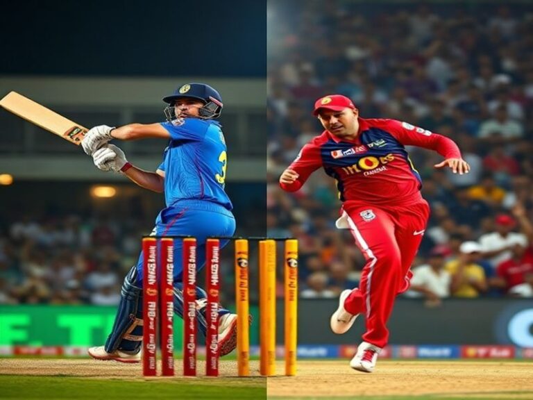 A vibrant cricket stadium with players from Rajasthan Royals and Mumbai Indians in action during a high-stakes IPL match. The