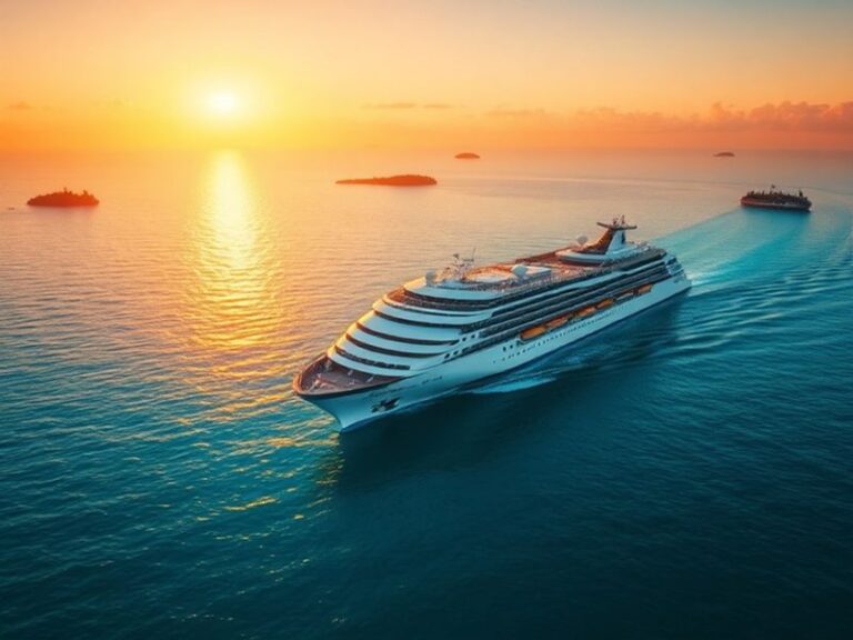 A high-angle shot of a massive modern cruise ship at sea, surrounded by smaller boats and tropical islands, with vibrant colo