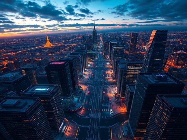 A futuristic urban scene at dusk showing glowing wireless signals (blue and green light trails) connecting buildings, cars, a